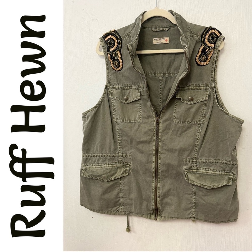 Ruff Hewn Olive Vest with Beaded Accents - Picture 2 of 9